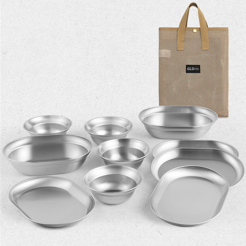 CLS 10Pcs Outdoor Tableware 304 Stainless Steel Bowl Dining Plate Set for Camping Barbecue (BPA Free, No FDA)