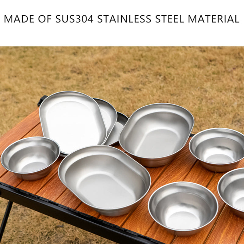 CLS 10Pcs Outdoor Tableware 304 Stainless Steel Bowl Dining Plate Set for Camping Barbecue (BPA Free, No FDA)