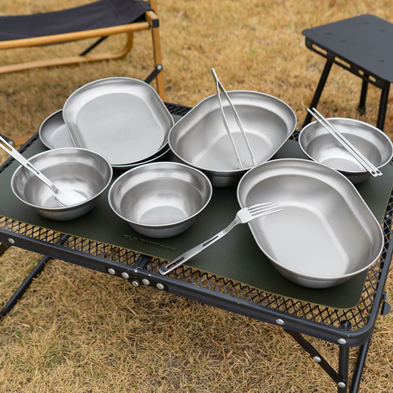 CLS 10Pcs Outdoor Tableware 304 Stainless Steel Bowl Dining Plate Set for Camping Barbecue (BPA Free, No FDA)