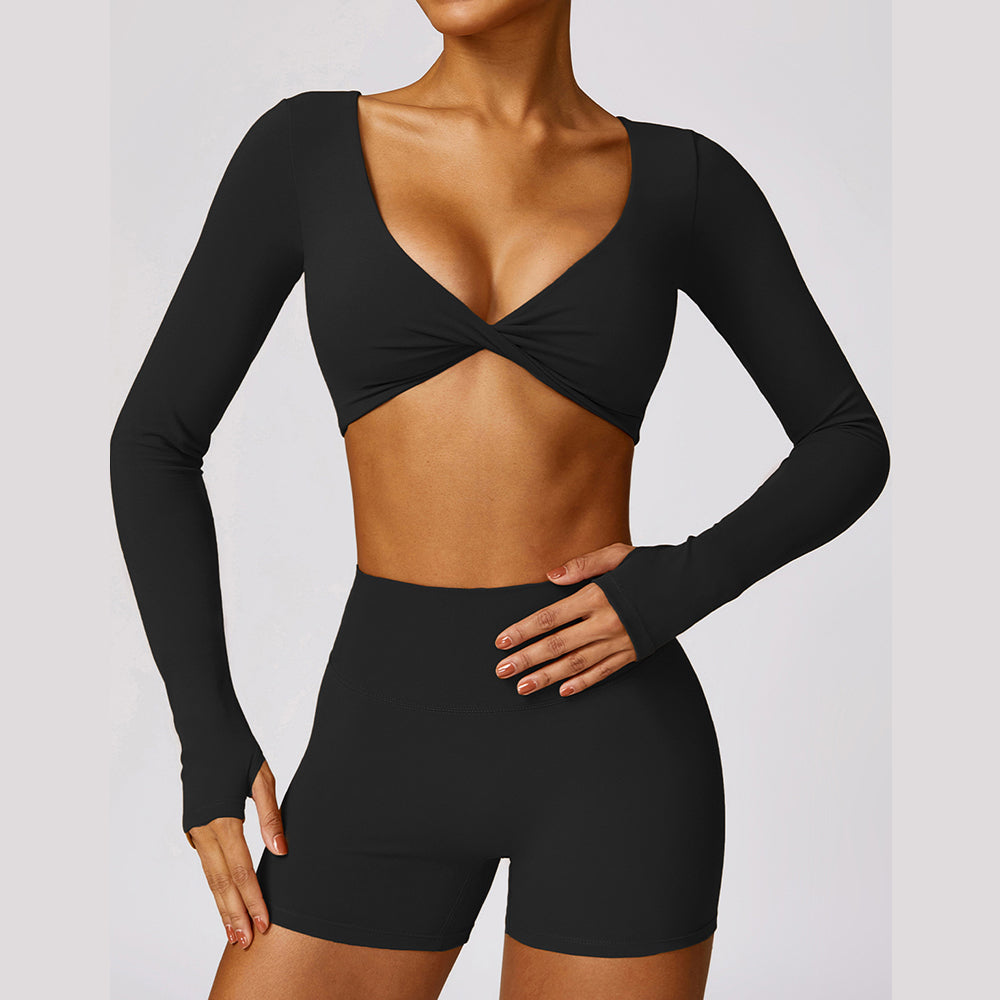 8552 Yoga Crop Top for Women Long Sleeve Slim Fit Padded Twist Front Deep V Neck Crop T Shirt