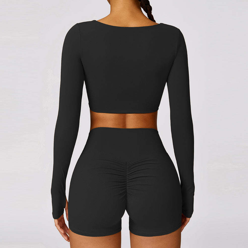 8552 Yoga Crop Top for Women Long Sleeve Slim Fit Padded Twist Front Deep V Neck Crop T Shirt