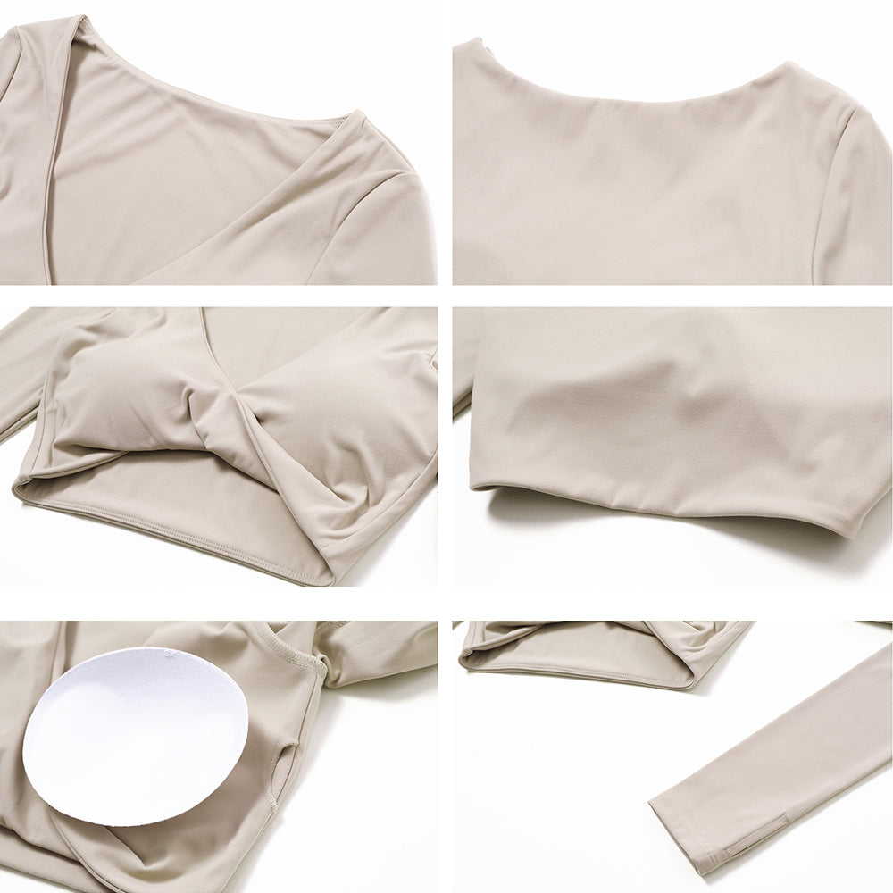 8552 Yoga Crop Top for Women Long Sleeve Slim Fit Padded Twist Front Deep V Neck Crop T Shirt