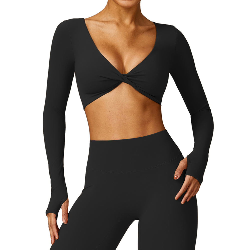 8552 Yoga Crop Top for Women Long Sleeve Slim Fit Padded Twist Front Deep V Neck Crop T Shirt