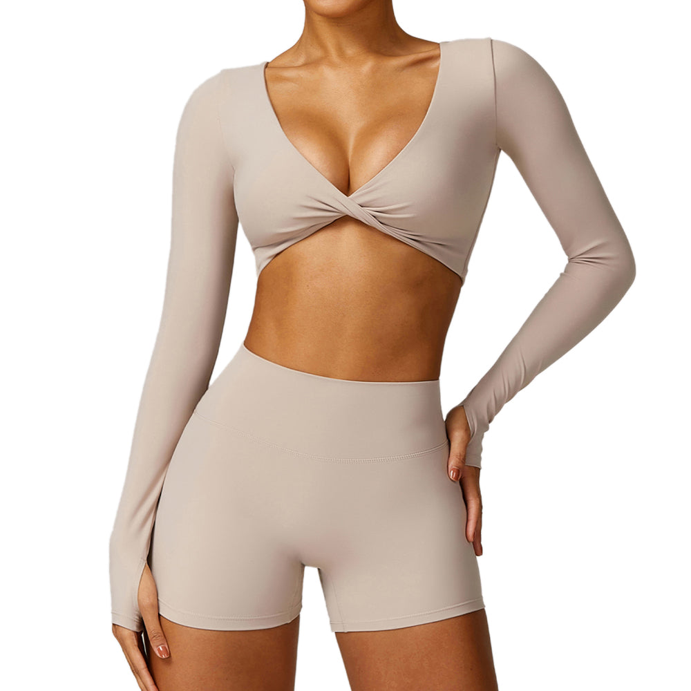 8552 Yoga Crop Top for Women Long Sleeve Slim Fit Padded Twist Front Deep V Neck Crop T Shirt