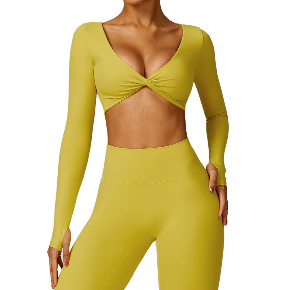 8552 Yoga Crop Top for Women Long Sleeve Slim Fit Padded Twist Front Deep V Neck Crop T Shirt