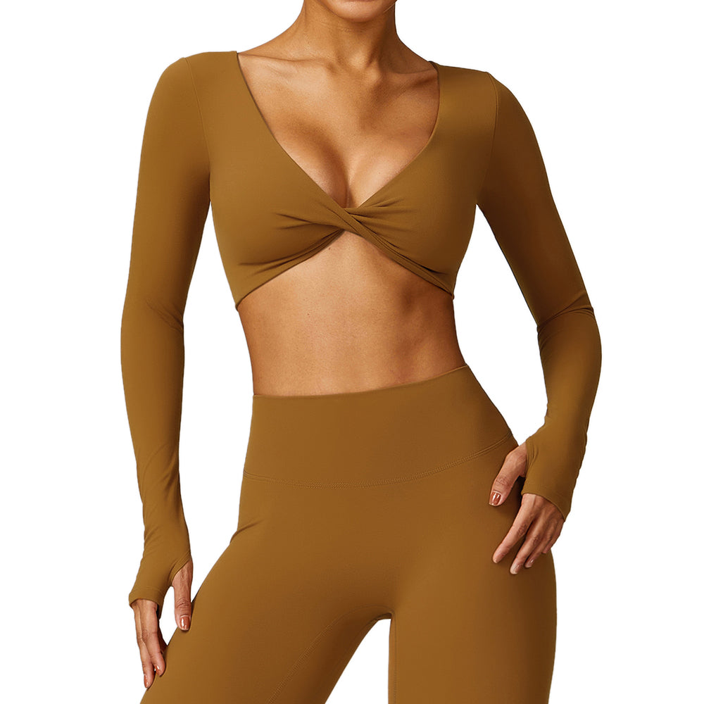 8552 Yoga Crop Top for Women Long Sleeve Slim Fit Padded Twist Front Deep V Neck Crop T Shirt