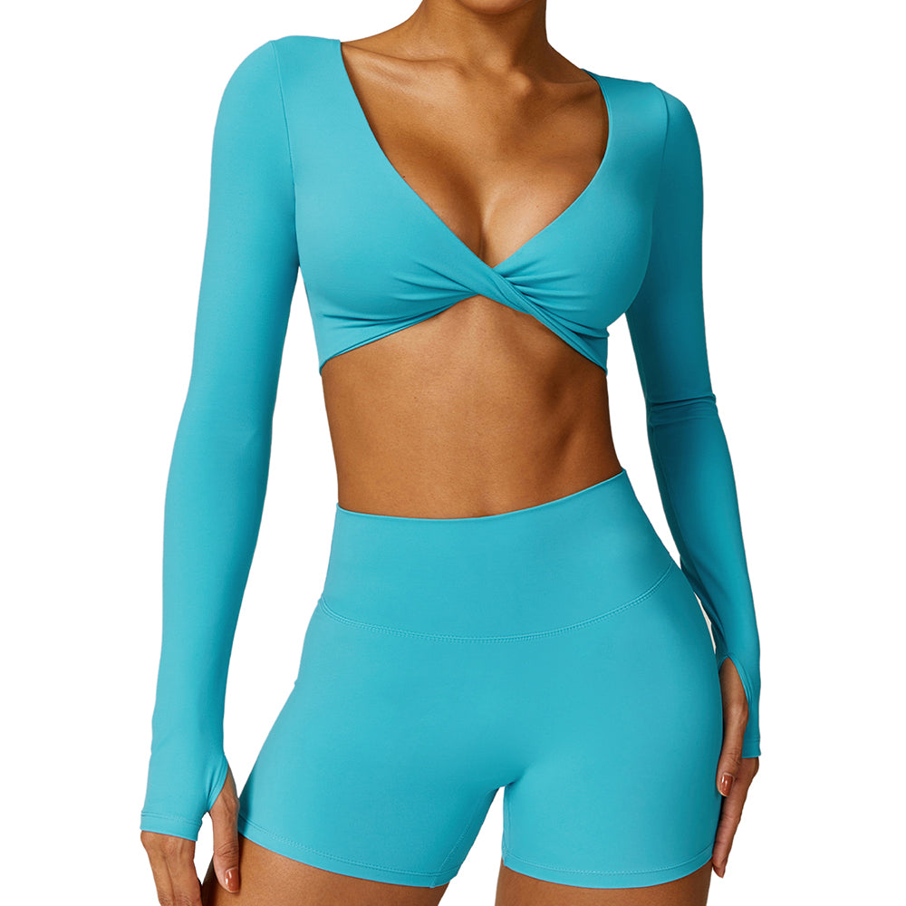 8552 Yoga Crop Top for Women Long Sleeve Slim Fit Padded Twist Front Deep V Neck Crop T Shirt