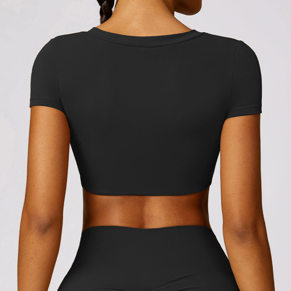 8552 Yoga Workout Crop Tops Slim Fit Short Sleeve U Neck T-Shirts Padded Yoga Tank