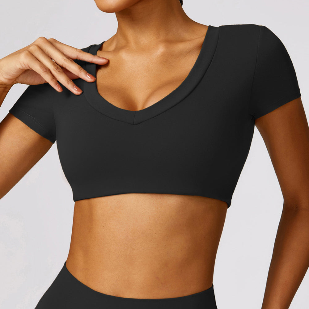 8552 Yoga Workout Crop Tops Slim Fit Short Sleeve U Neck T-Shirts Padded Yoga Tank
