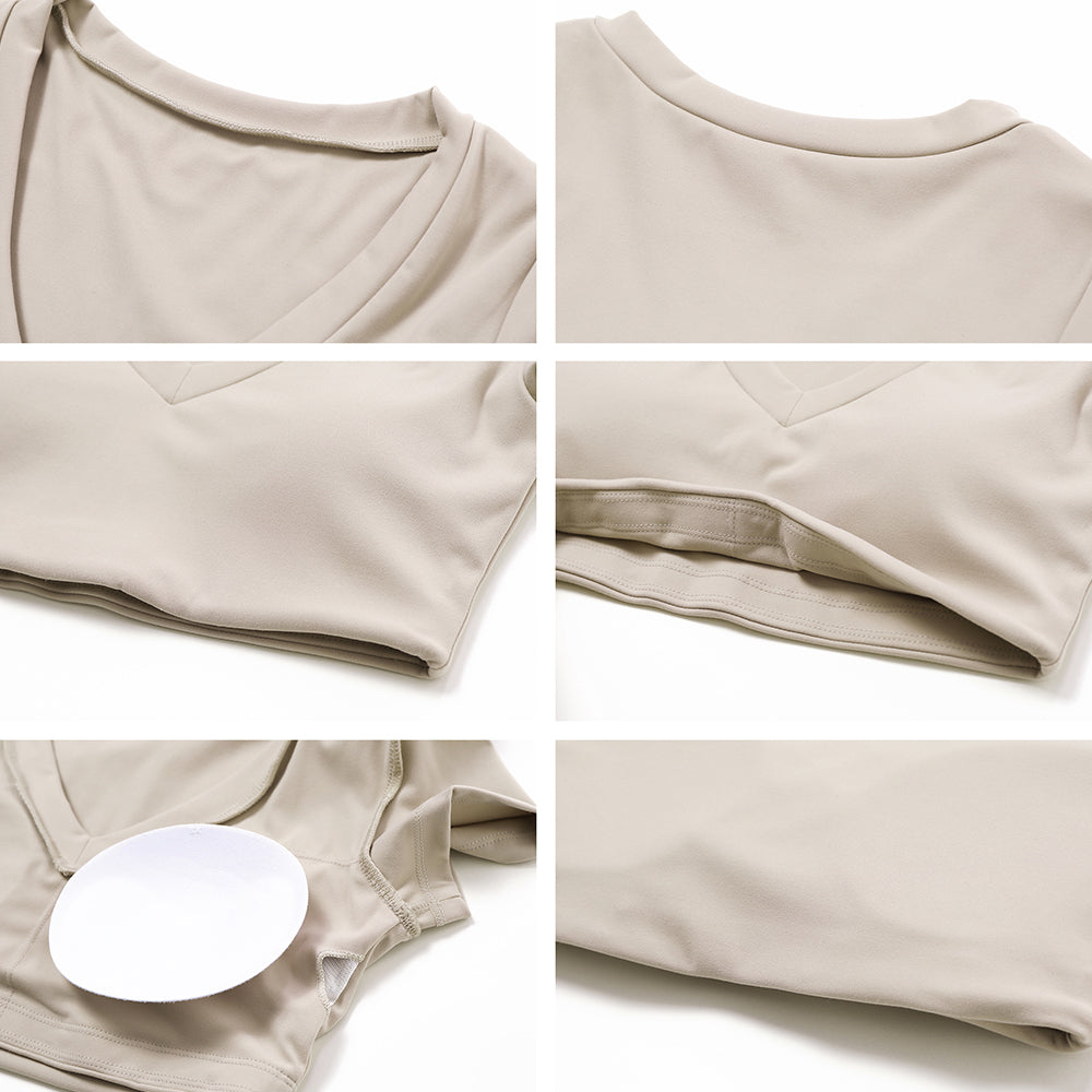 8552 Yoga Workout Crop Tops Slim Fit Short Sleeve U Neck T-Shirts Padded Yoga Tank