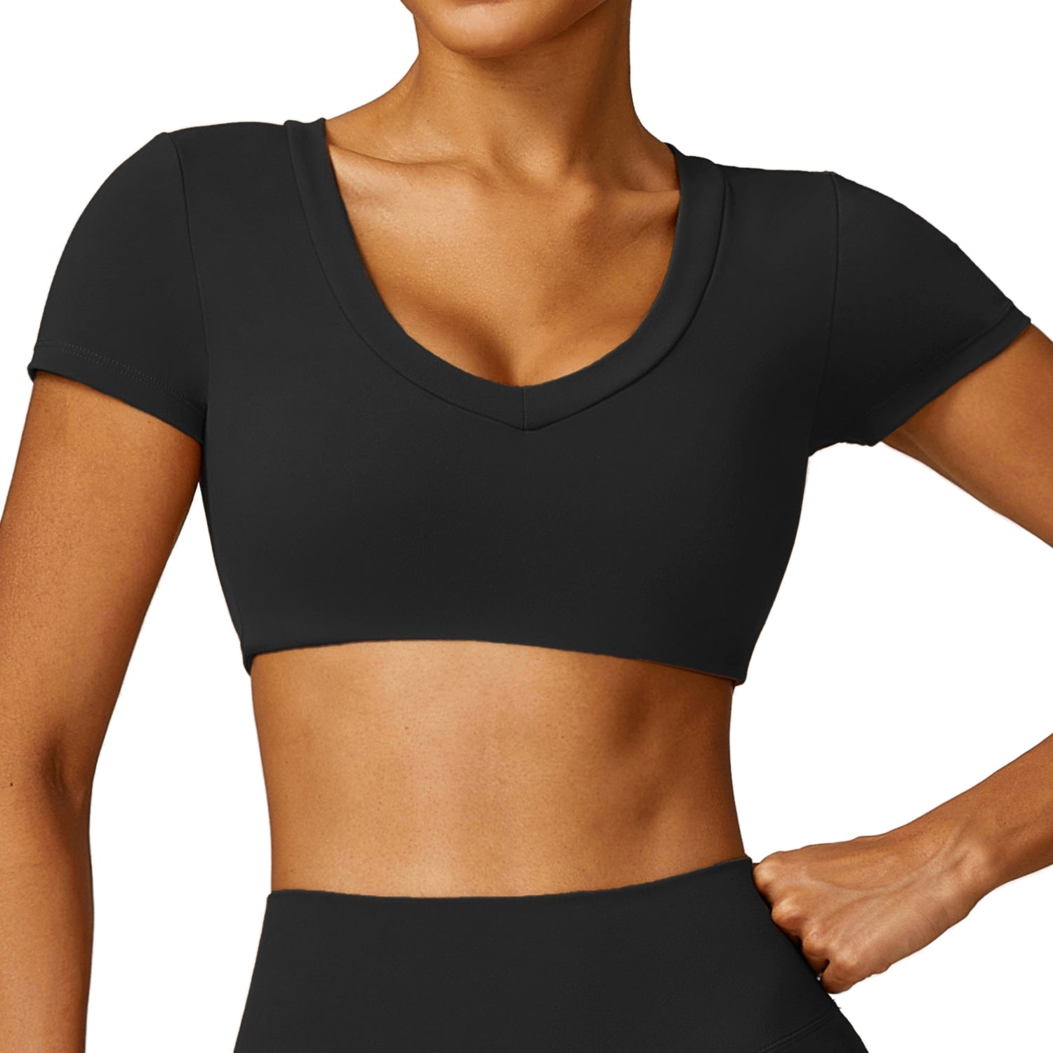 8552 Yoga Workout Crop Tops Slim Fit Short Sleeve U Neck T-Shirts Padded Yoga Tank
