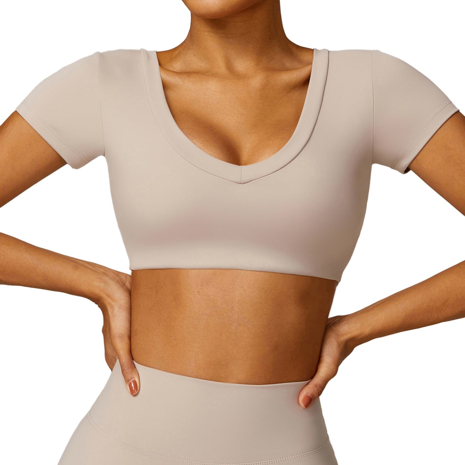 8552 Yoga Workout Crop Tops Slim Fit Short Sleeve U Neck T-Shirts Padded Yoga Tank