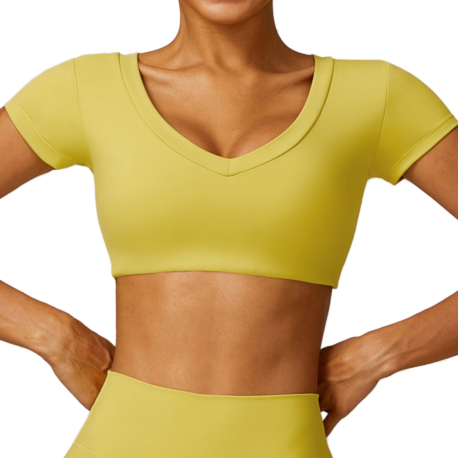8552 Yoga Workout Crop Tops Slim Fit Short Sleeve U Neck T-Shirts Padded Yoga Tank