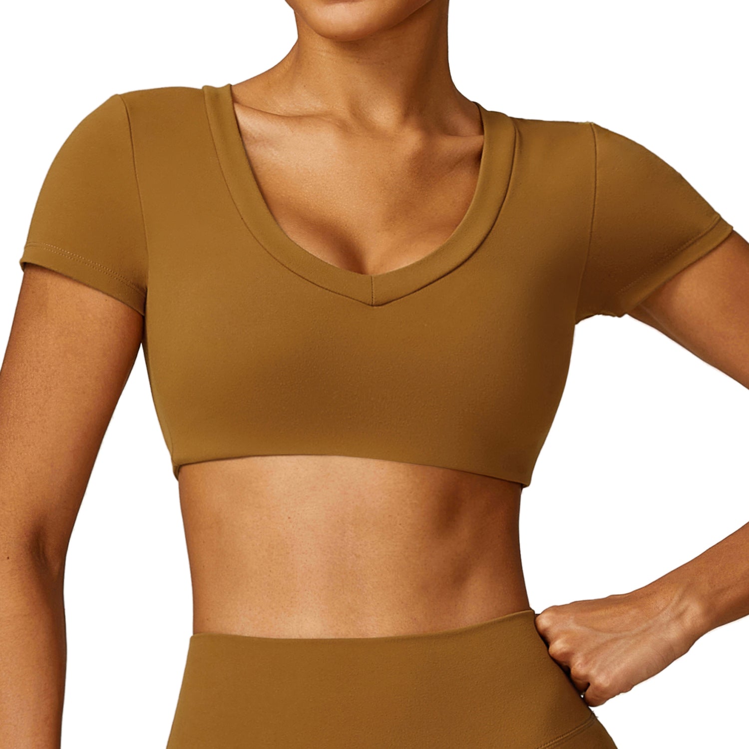 8552 Yoga Workout Crop Tops Slim Fit Short Sleeve U Neck T-Shirts Padded Yoga Tank