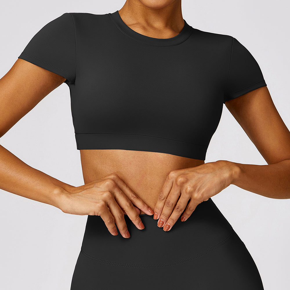 8536 Yoga Crop Tops Short Sleeve Round Neck Backless T-Shirts Slim Fit Padded Tops Yoga Tank