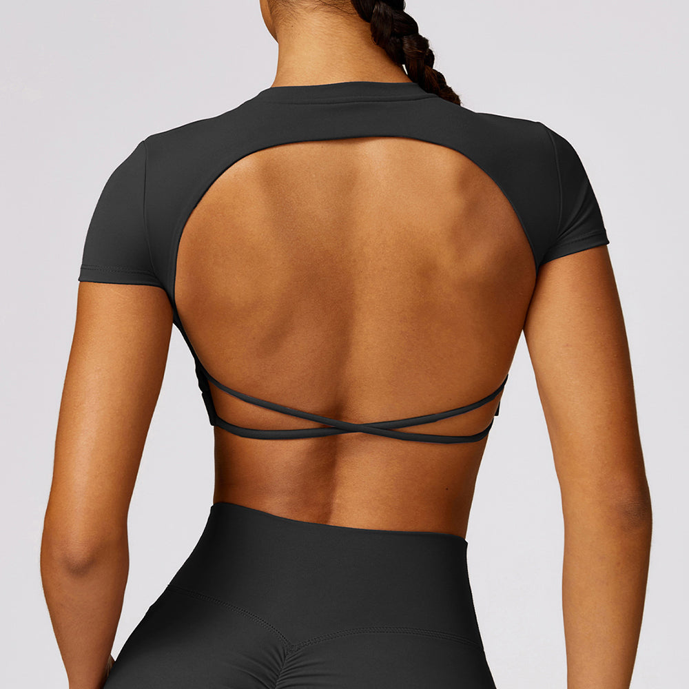 8536 Yoga Crop Tops Short Sleeve Round Neck Backless T-Shirts Slim Fit Padded Tops Yoga Tank