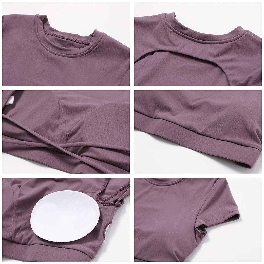 8536 Yoga Crop Tops Short Sleeve Round Neck Backless T-Shirts Slim Fit Padded Tops Yoga Tank