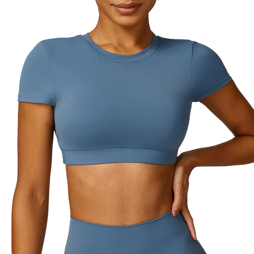 8536 Yoga Crop Tops Short Sleeve Round Neck Backless T-Shirts Slim Fit Padded Tops Yoga Tank