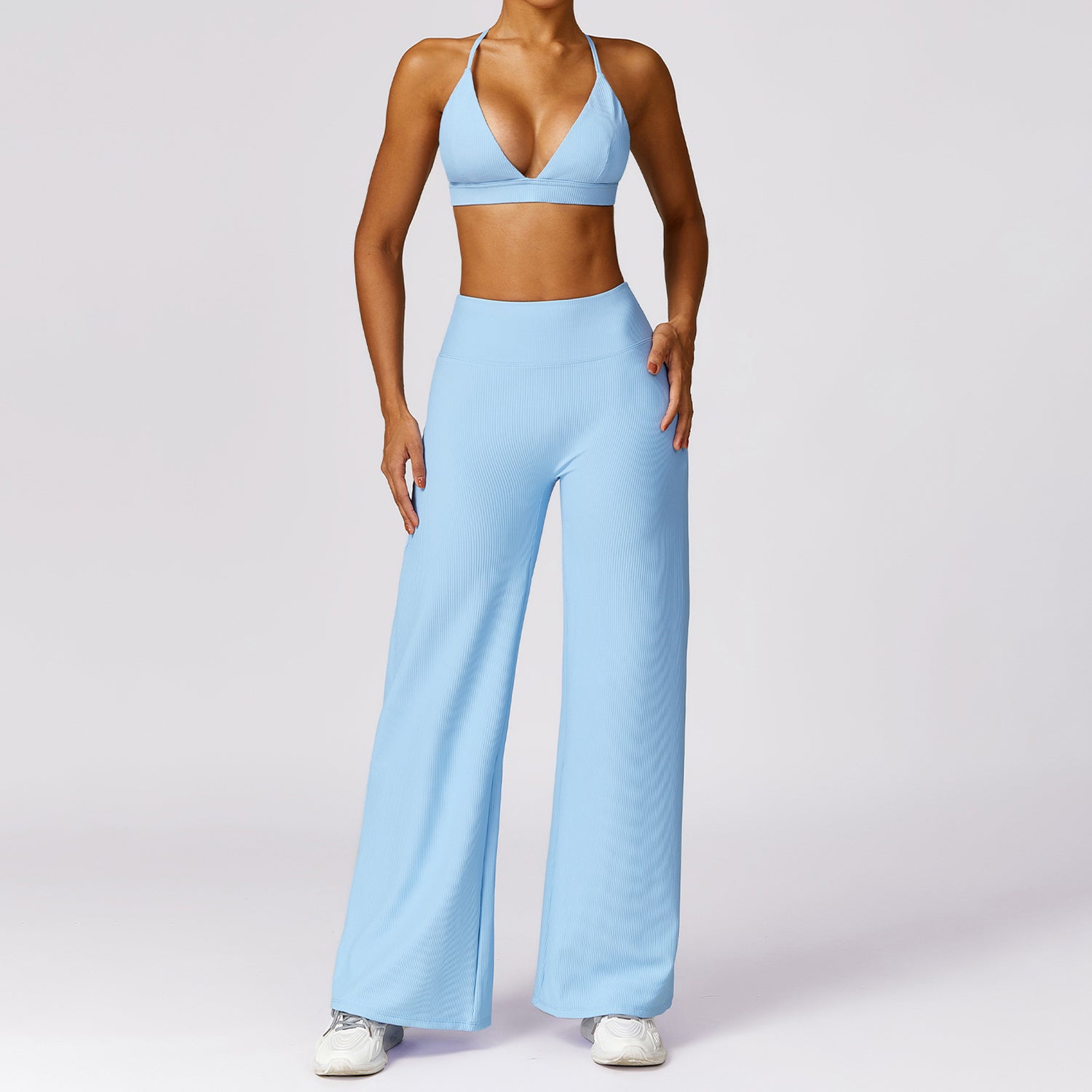 8526 Wide Leg Yoga Pants Ribbed Women Straight Trousers for Fitness Dance