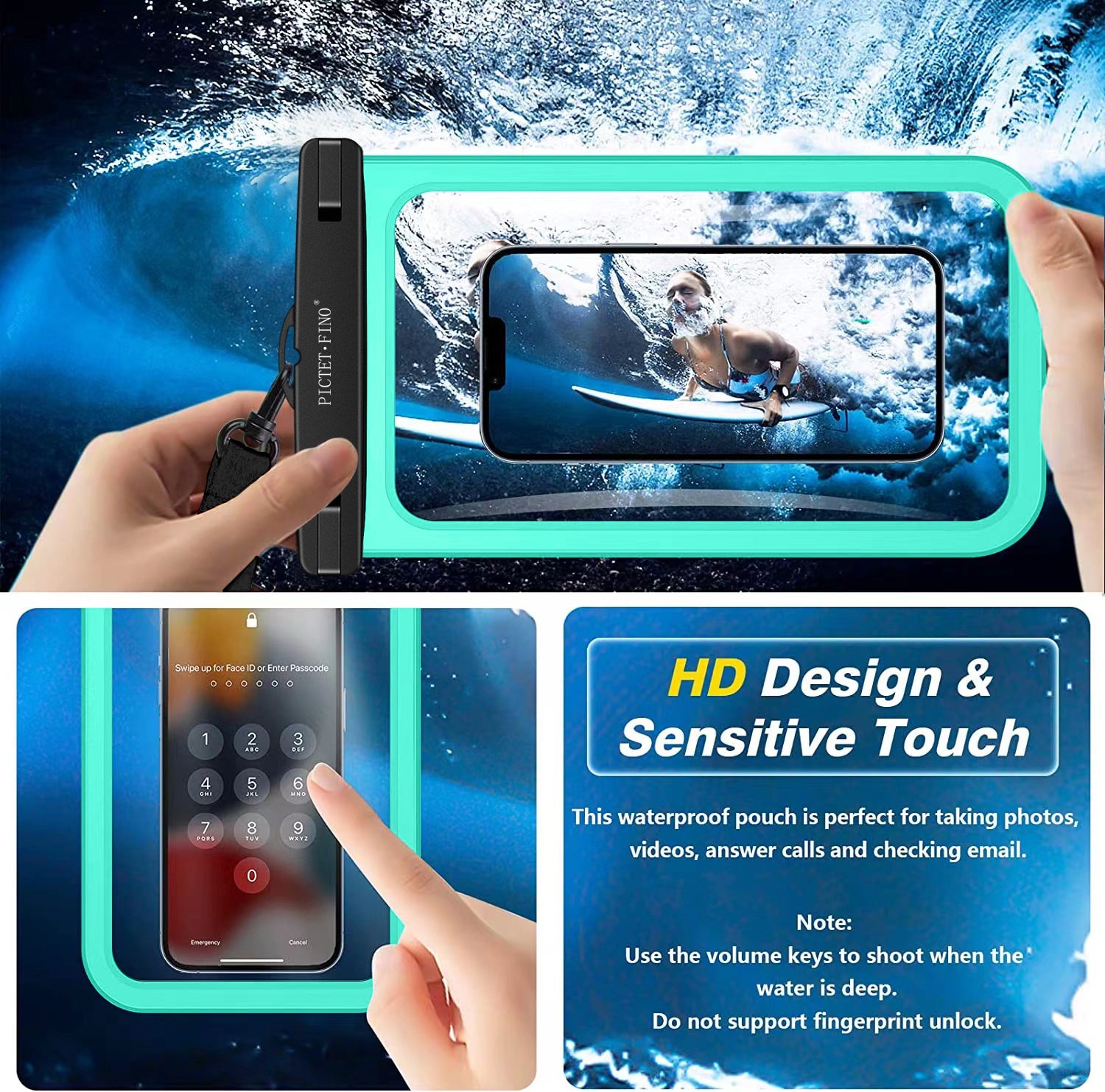 PICTET.FINO RH19 XL 10-inch Phone IPX8 Waterproof Bag Watch Headphone Pouch - Dark Blue