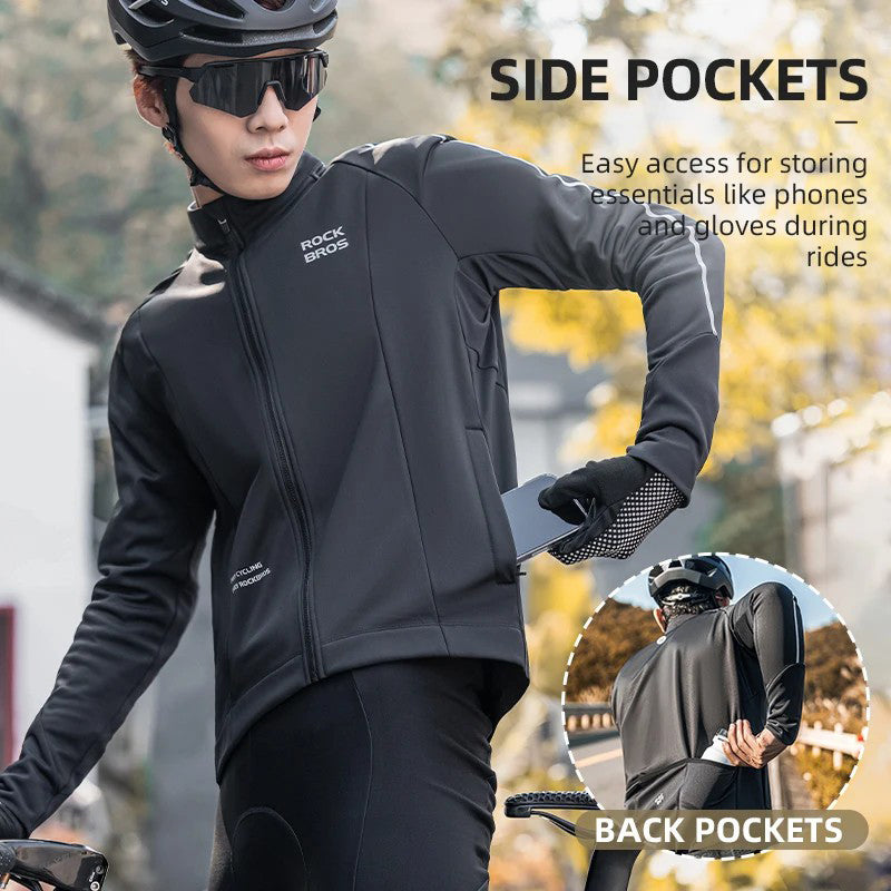 ROCKBROS YPW057 Men's Cycling Jersey Winter Thermal Long Sleeve Fleece Cycling Jacket with 5 Pockets