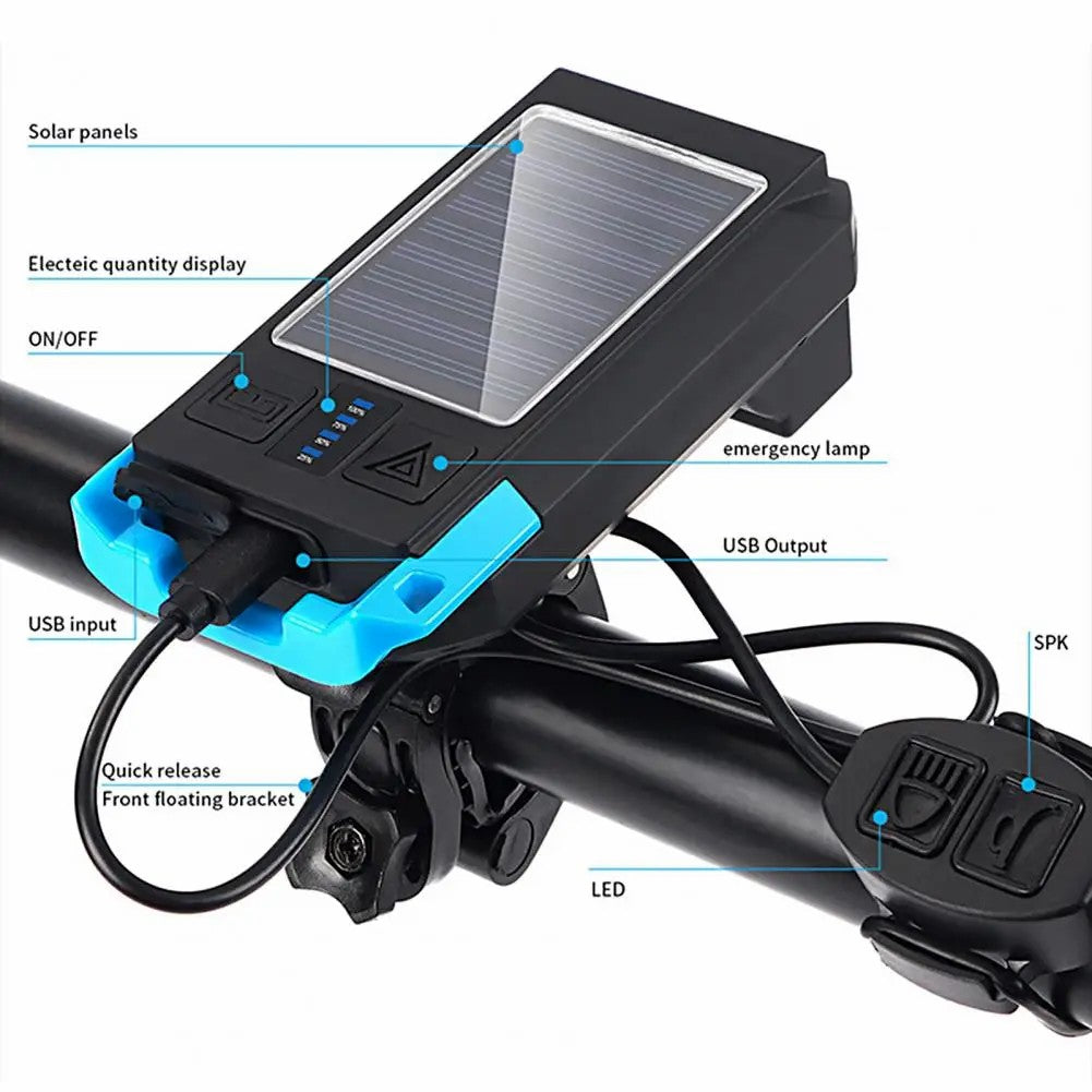 BG-1706 USB+Solar Rechargeable Bike Lights Waterproof 6 Light Modes Bicycle Dual Headlight with Horn Alarm