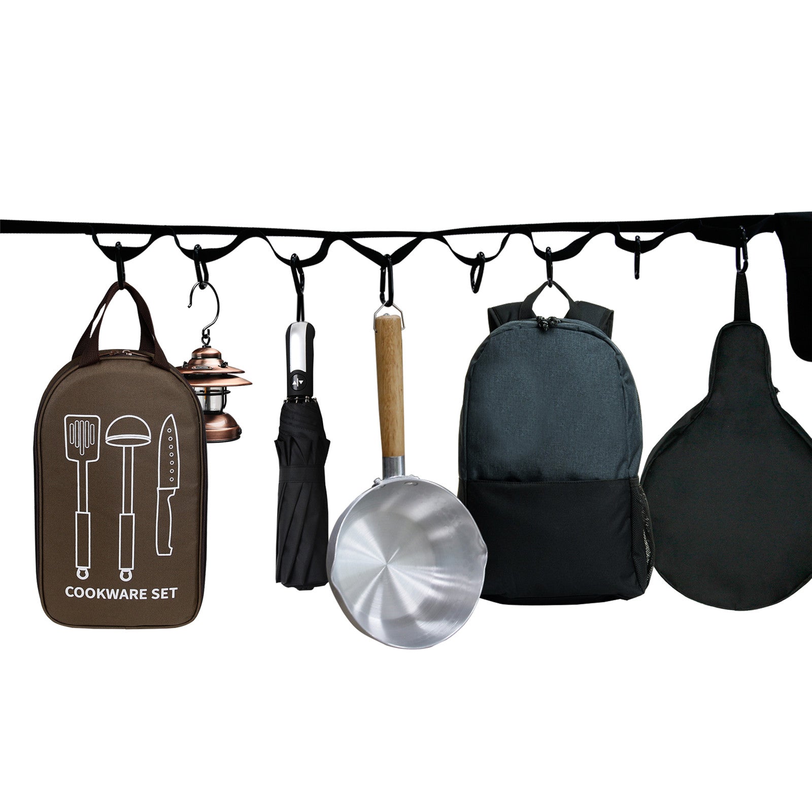 Polyester Magic Tape Storage Strap with 8 Carabiners to Hang Camping Gears