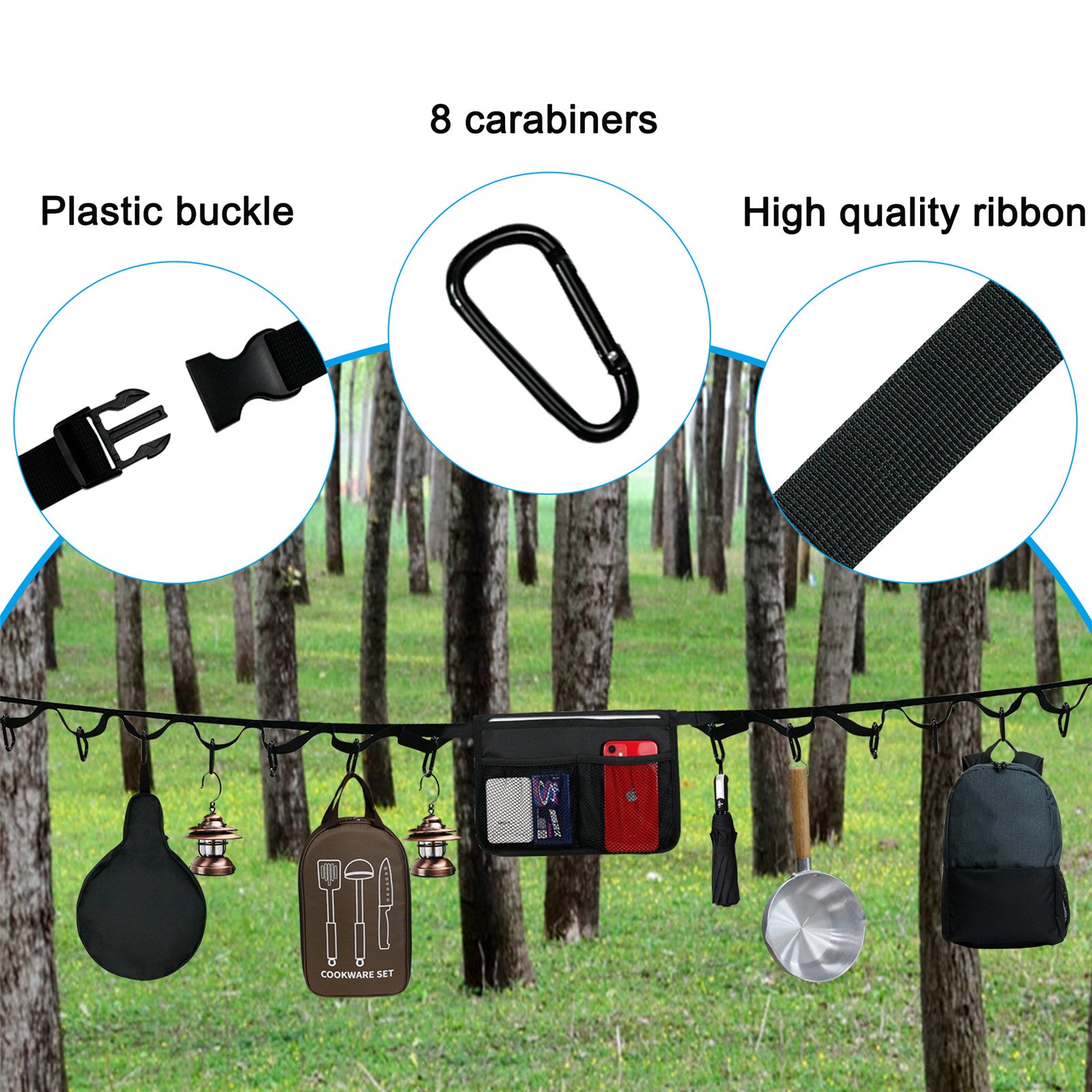 Polyester Magic Tape Storage Strap with 8 Carabiners to Hang Camping Gears