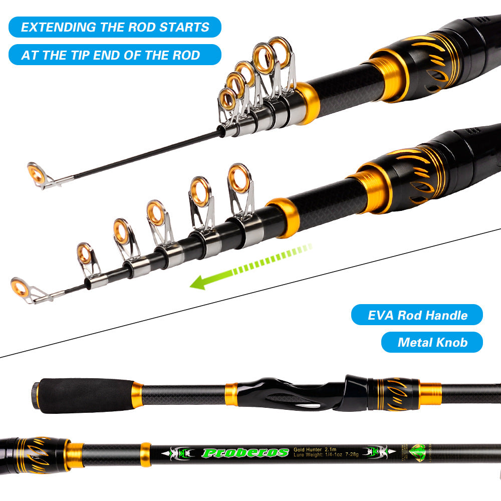 PROBEROS HWCSET097 2.1m Carbon Telescopic Rod Fishing Reel Lure Line Kit with Carrier Bag