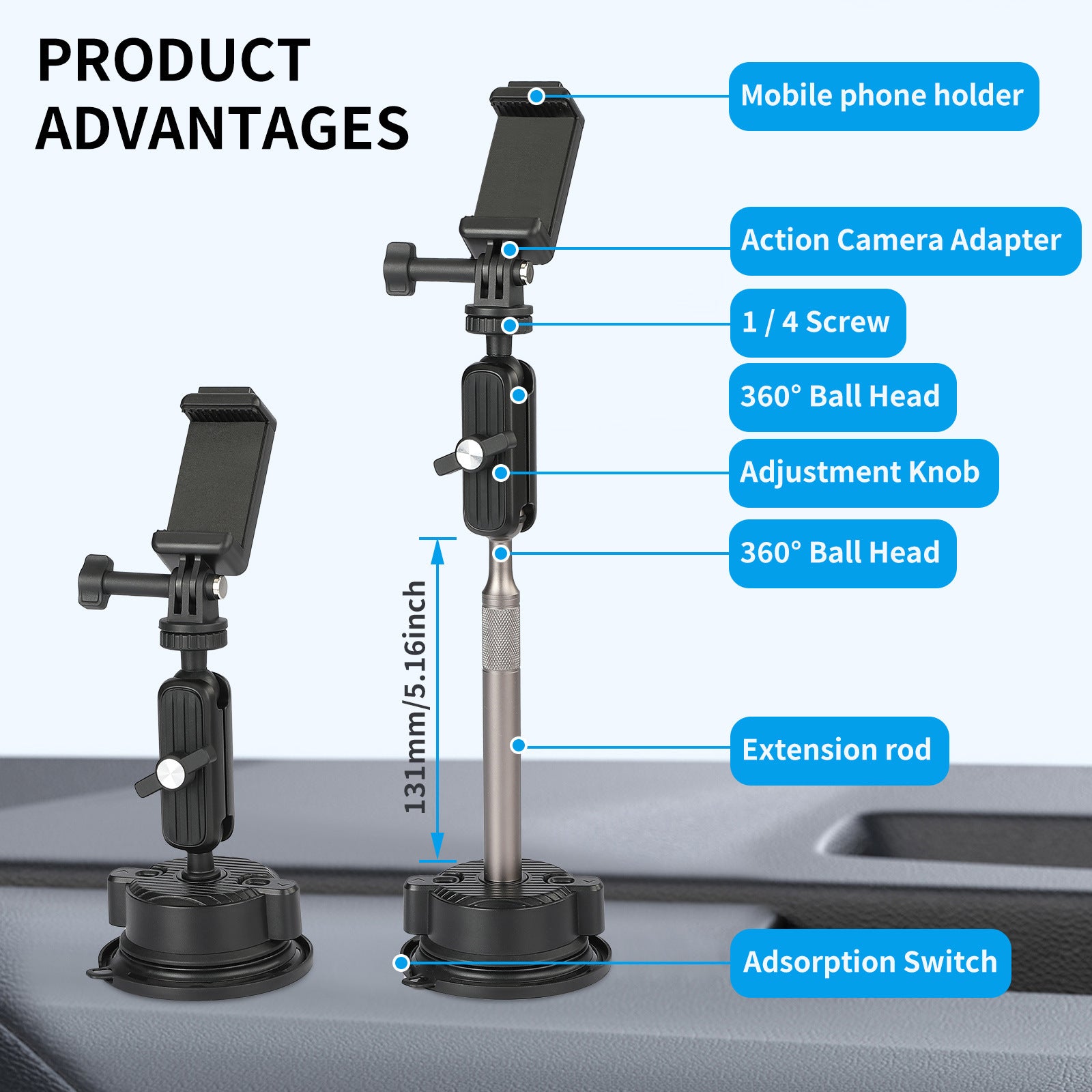 K01LP For GoPro Extension Rod Sucker Mount Bracket Action Camera Car Home Support Stand