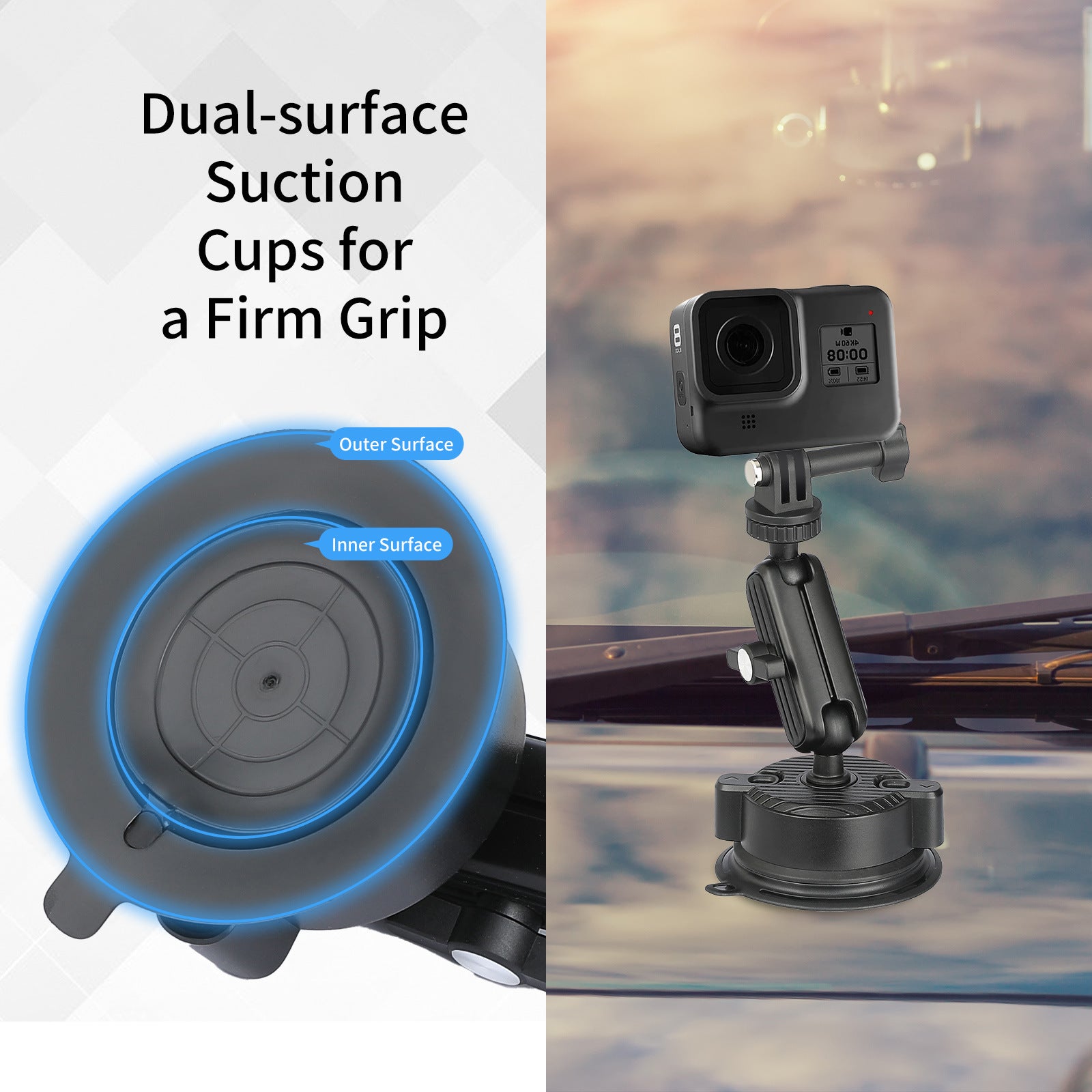 K01LP For GoPro Extension Rod Sucker Mount Bracket Action Camera Car Home Support Stand