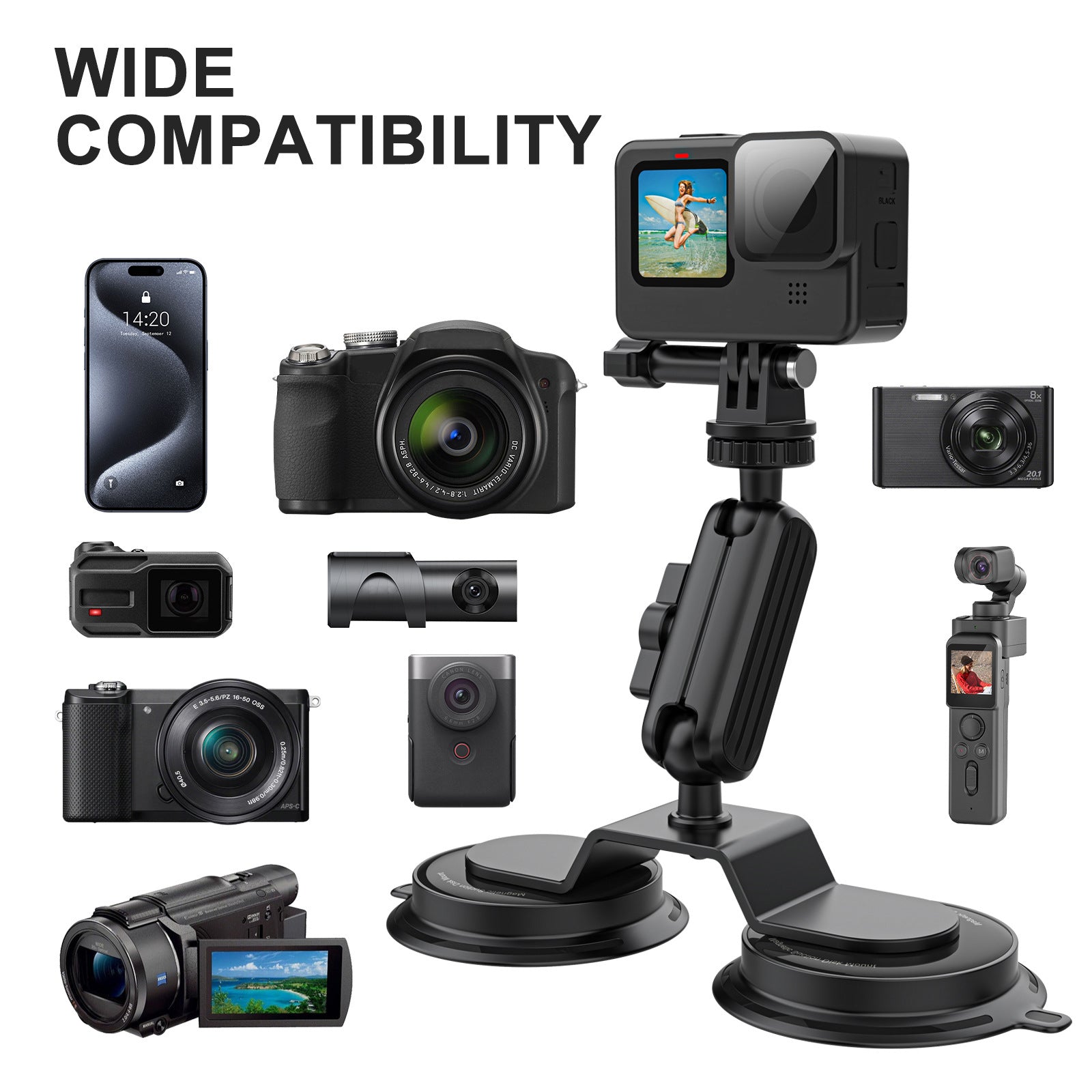 K03-2 For Insta360 / GoPro Action Camera Bracket Magnetic Dual Suction Cup Rotatable Camera Stand