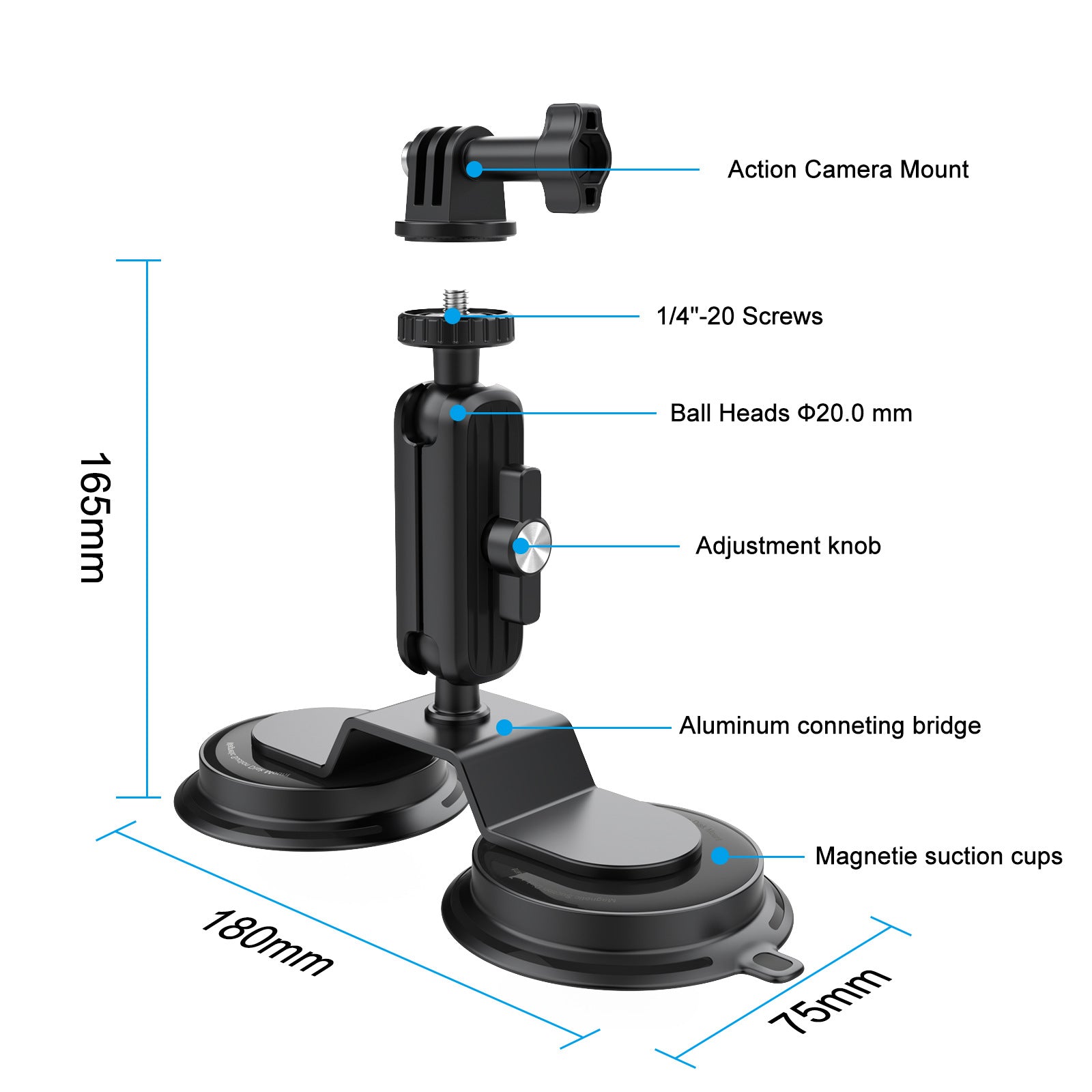 K03-2 For Insta360 / GoPro Action Camera Bracket Magnetic Dual Suction Cup Rotatable Camera Stand
