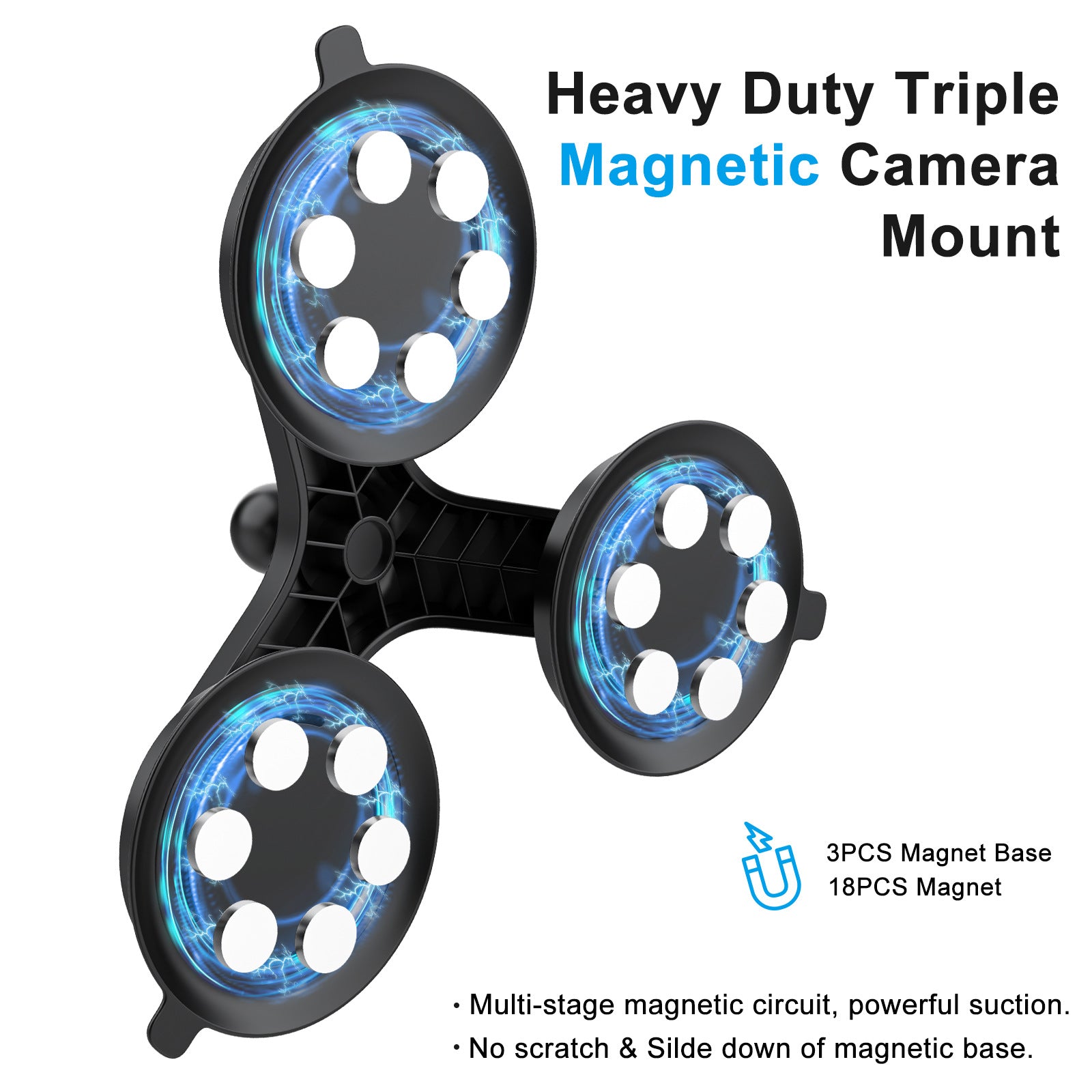 K03-3 Triple Magnetic Base Camera Magnetic Holder Mount with 360 Degree Rotating Ball Head