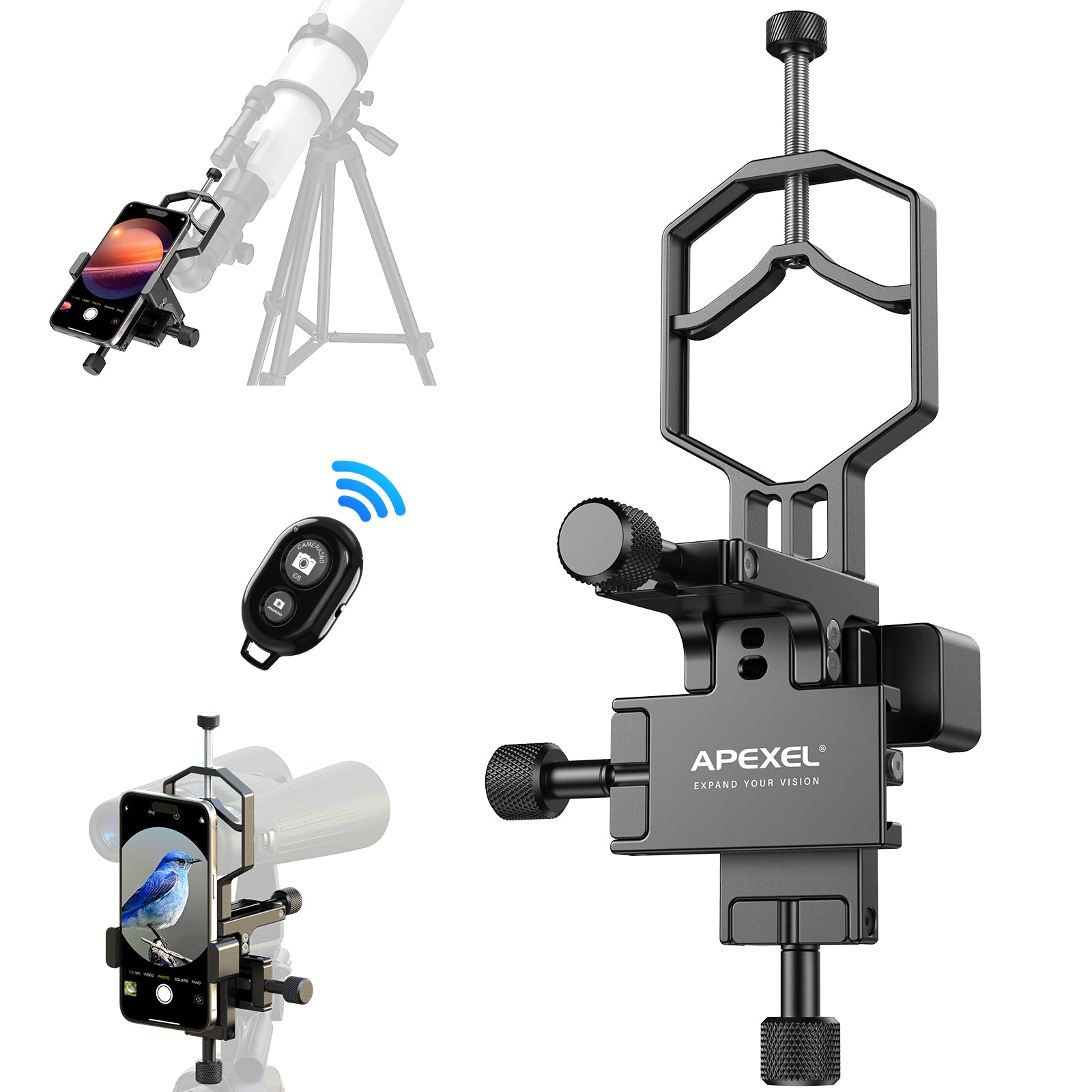 APEXEL APL-F003 Universal Digiscoping Adapter Phone Telescope 3-Axis Metal Holder Mount Eyepiece Connector