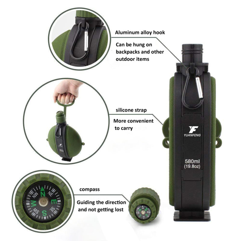 580ml Collapsible Silicone Water Bottle with Compass (No FDA, BPA-Free)