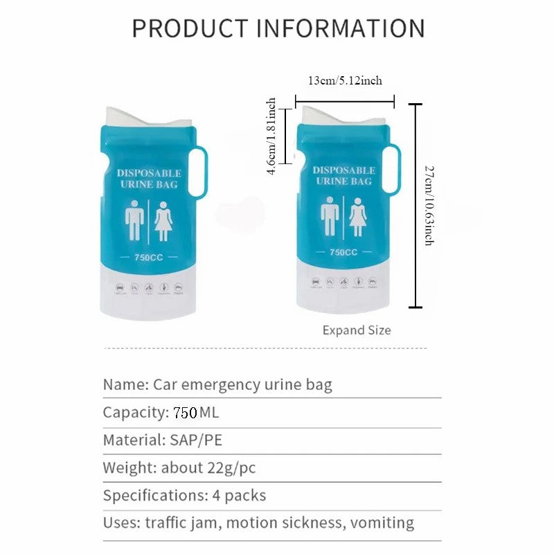 4Pcs / Set 750ml Car Emergency Urinal Bags Disposable Urine Bags for Traffic Jam Camping