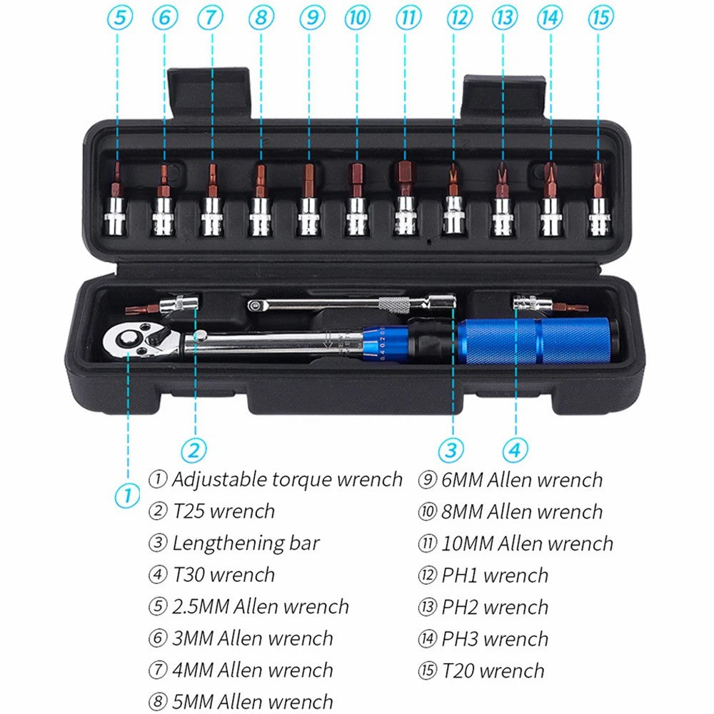ZTTO 15Pcs 1 / 4" Drive Socket Ratchet Wrench Set 2-24Nm Adjustable Repairing Tool