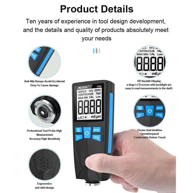 MESTEK CT02 Digital Coating Thickness Gauge 0-1500um Fe / NFe Thickness Meter, Basic Model