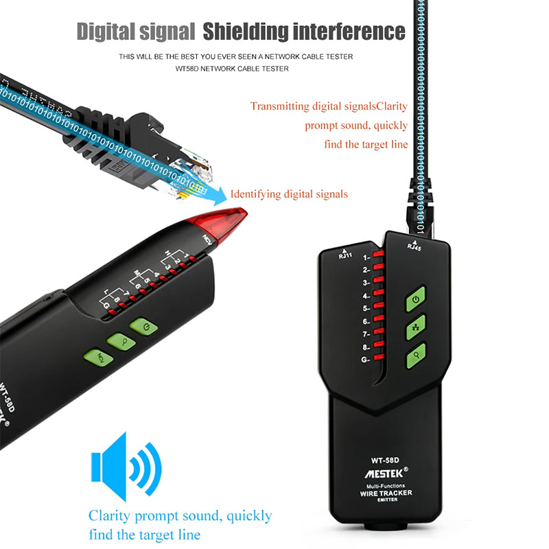MESTEK WT58D Multifunction RJ45 RJ11 Network Cable Tester Electric Wire Line Finder Tracker