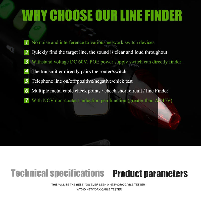 MESTEK WT58D Multifunction RJ45 RJ11 Network Cable Tester Electric Wire Line Finder Tracker