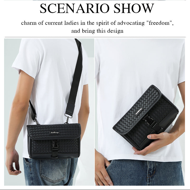 BAELLERRY N8926 Business Men Shoulder Bag Woven PU Leather Crossbody Bag