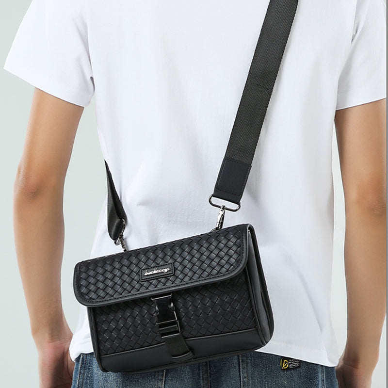 BAELLERRY N8926 Business Men Shoulder Bag Woven PU Leather Crossbody Bag