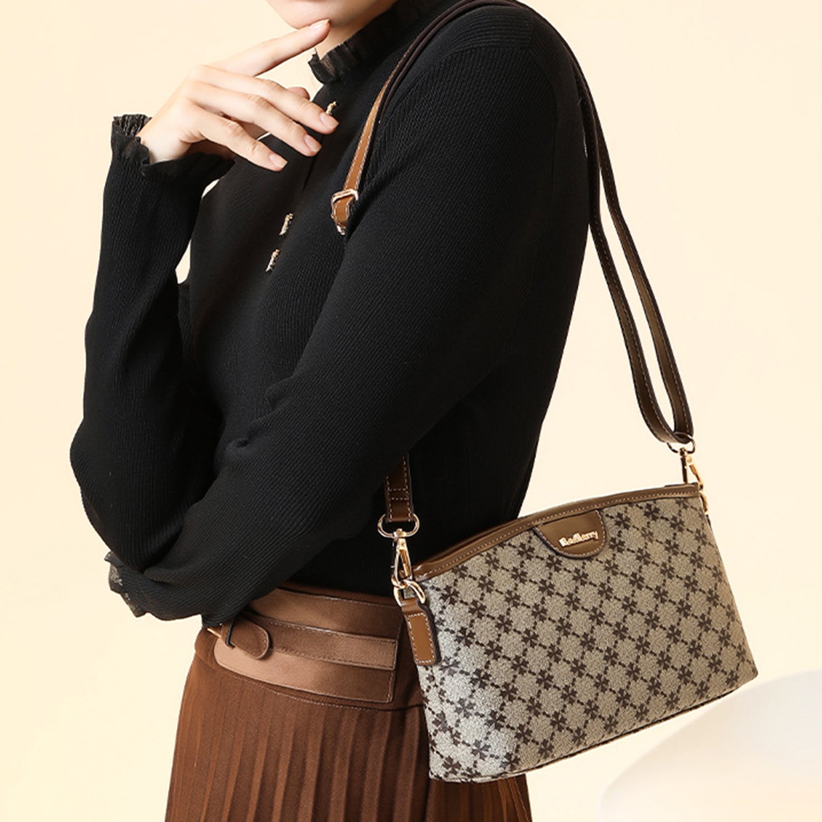 BAELLERRY N8912 Crossbody Bag Plaid Pattern PU Leather Women Zipper Shoulder Bag