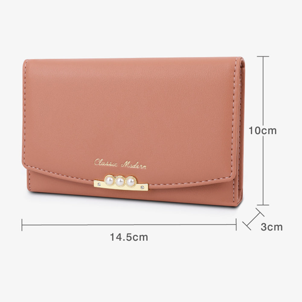 TAILIAN T6223-013 Faux Pearl Decor Women PU Leather Tri-fold Wallet Zipper Coin Purse