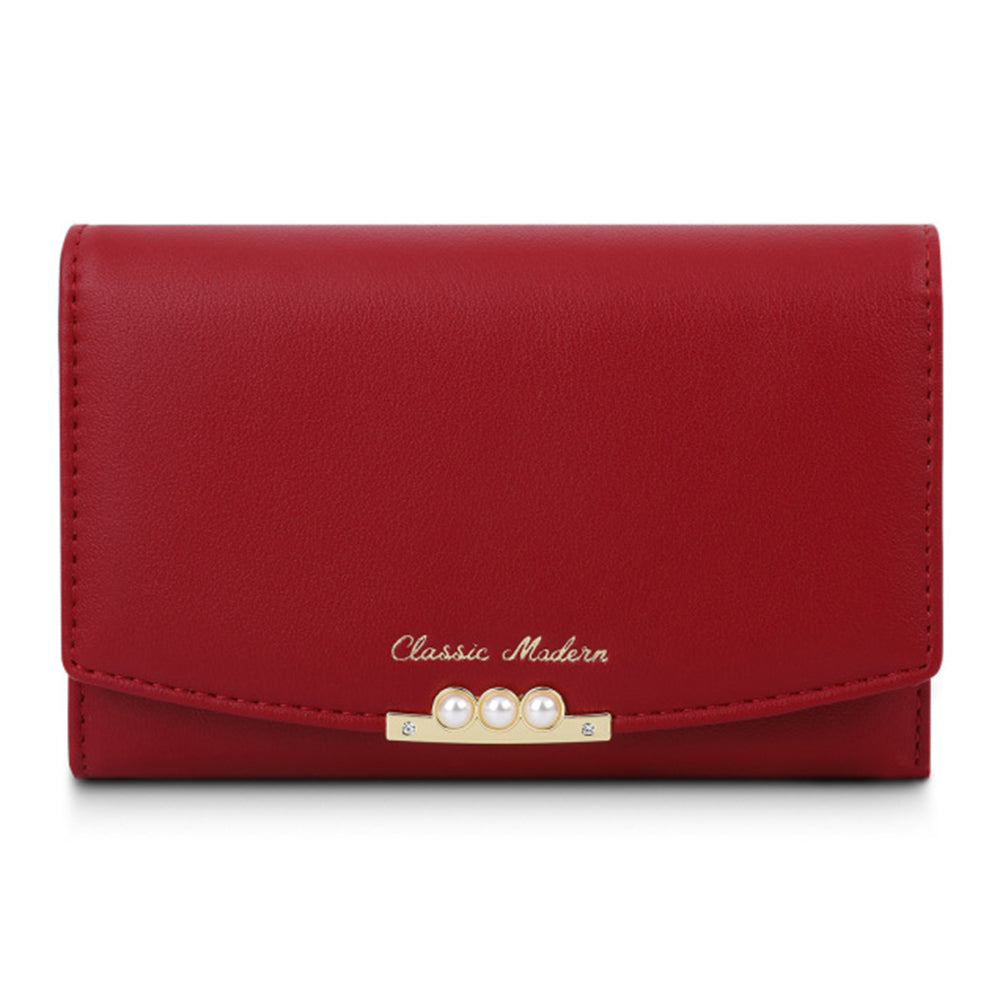 TAILIAN T6223-013 Faux Pearl Decor Women PU Leather Tri-fold Wallet Zipper Coin Purse