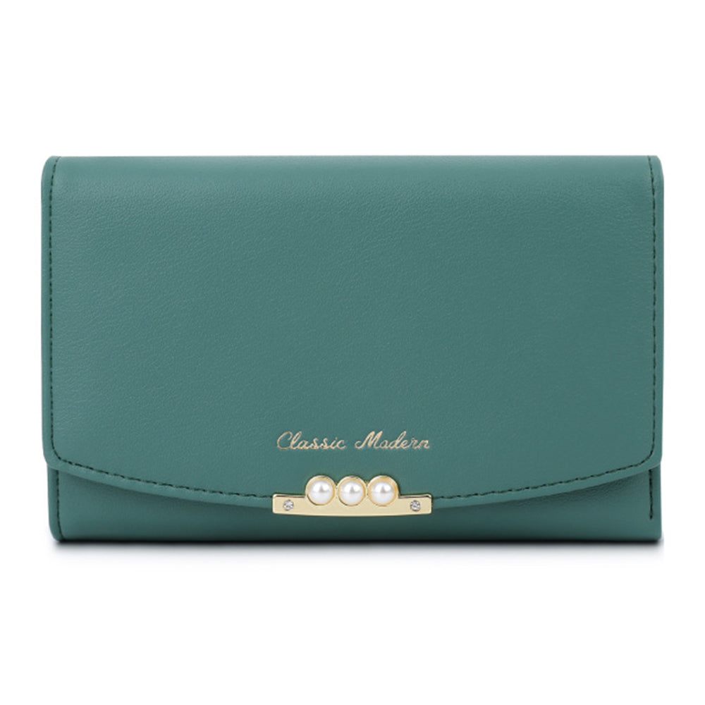 TAILIAN T6223-013 Faux Pearl Decor Women PU Leather Tri-fold Wallet Zipper Coin Purse