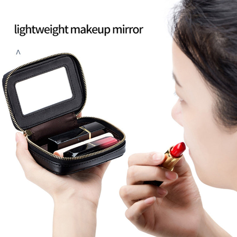Top-Layer Cowhide Leather Travel Lipstick Storage Bag Mirror Design Zipper Makeup Bag