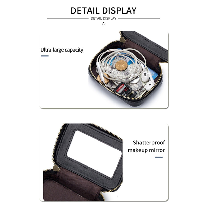 Top-Layer Cowhide Leather Travel Lipstick Storage Bag Mirror Design Zipper Makeup Bag