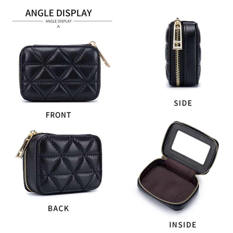 Top-Layer Cowhide Leather Travel Lipstick Storage Bag Mirror Design Zipper Makeup Bag